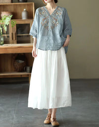 Comfortable Floral Embroidered V-Neck Linen Blouse - Islinen