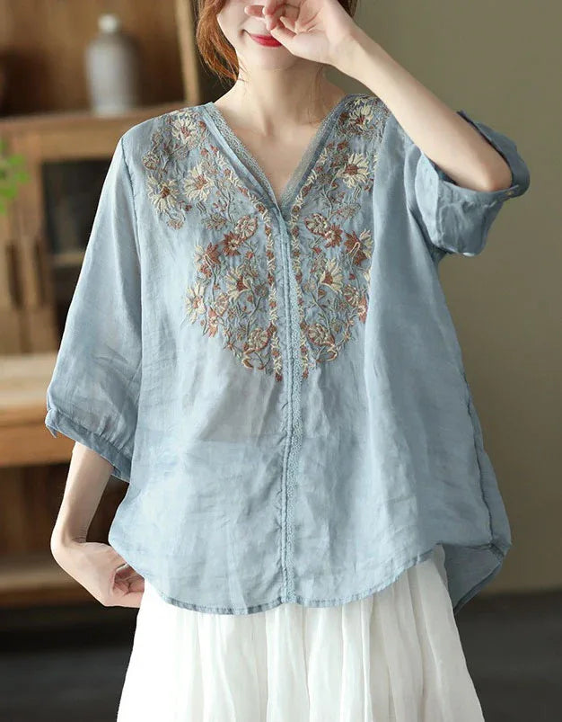 Comfortable Floral Embroidered V-Neck Linen Blouse - Islinen