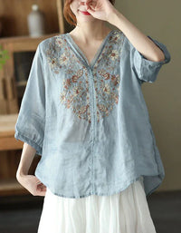Comfortable Floral Embroidered V-Neck Linen Blouse - Islinen