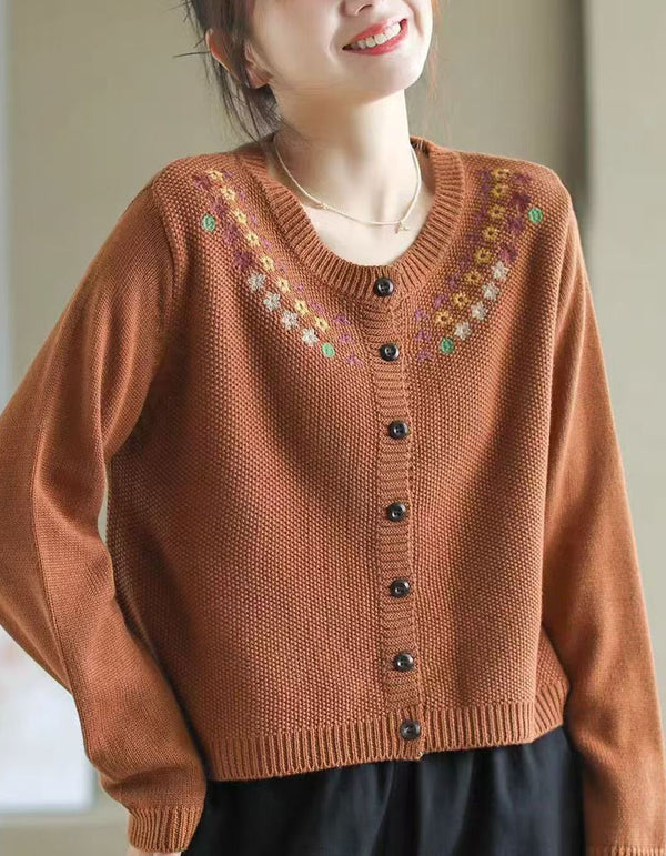 Women's Comfortable Floral Embroidery Cardigan Sweater