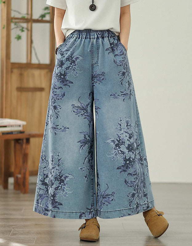 Comfortable Floral Pattern Denim Palazzo Pants