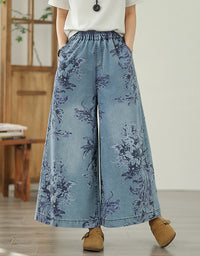 Comfortable Floral Pattern Denim Palazzo Pants