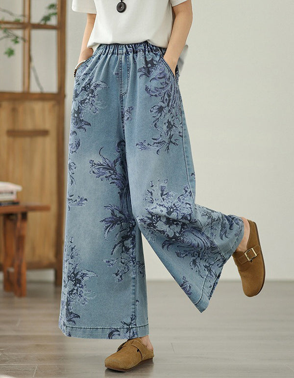 Comfortable Floral Pattern Denim Palazzo Pants
