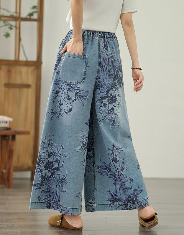 Comfortable Floral Pattern Denim Palazzo Pants