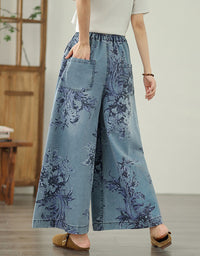 Comfortable Floral Pattern Denim Palazzo Pants