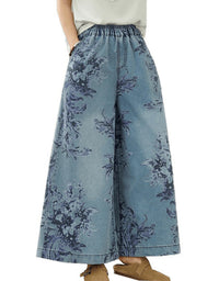 Comfortable Floral Pattern Denim Palazzo Pants