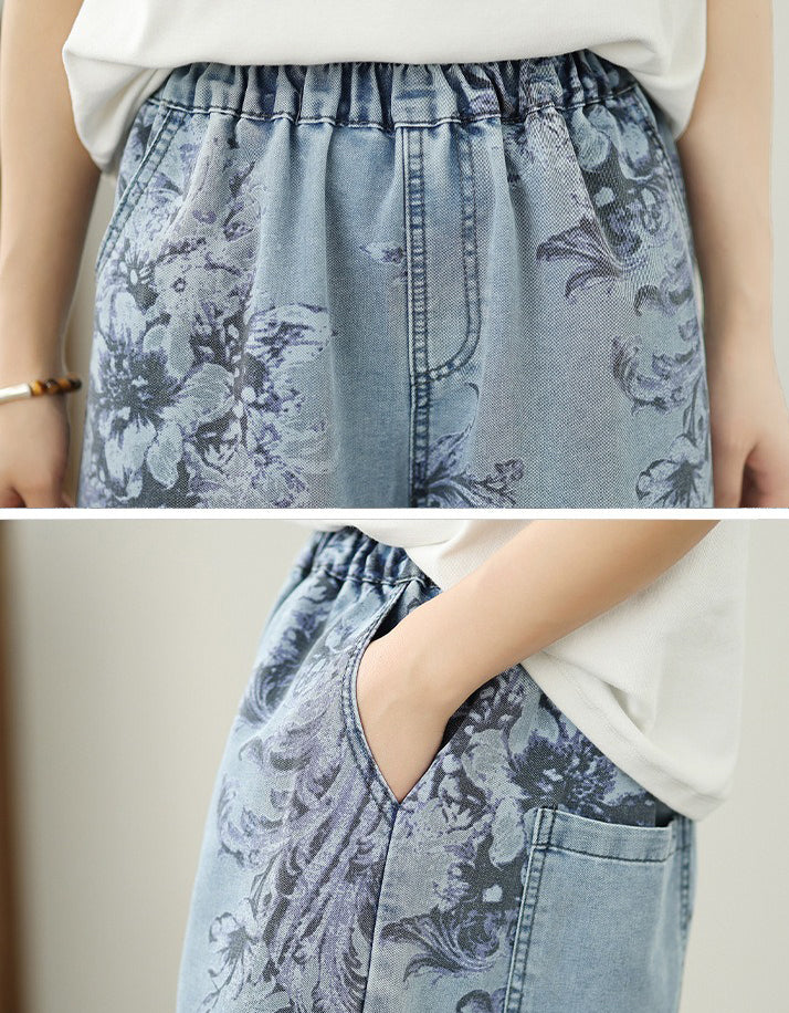 Comfortable Floral Pattern Denim Palazzo Pants