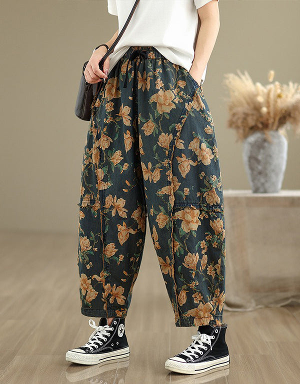 Comfortable Floral Patterned Denim Harem Pants