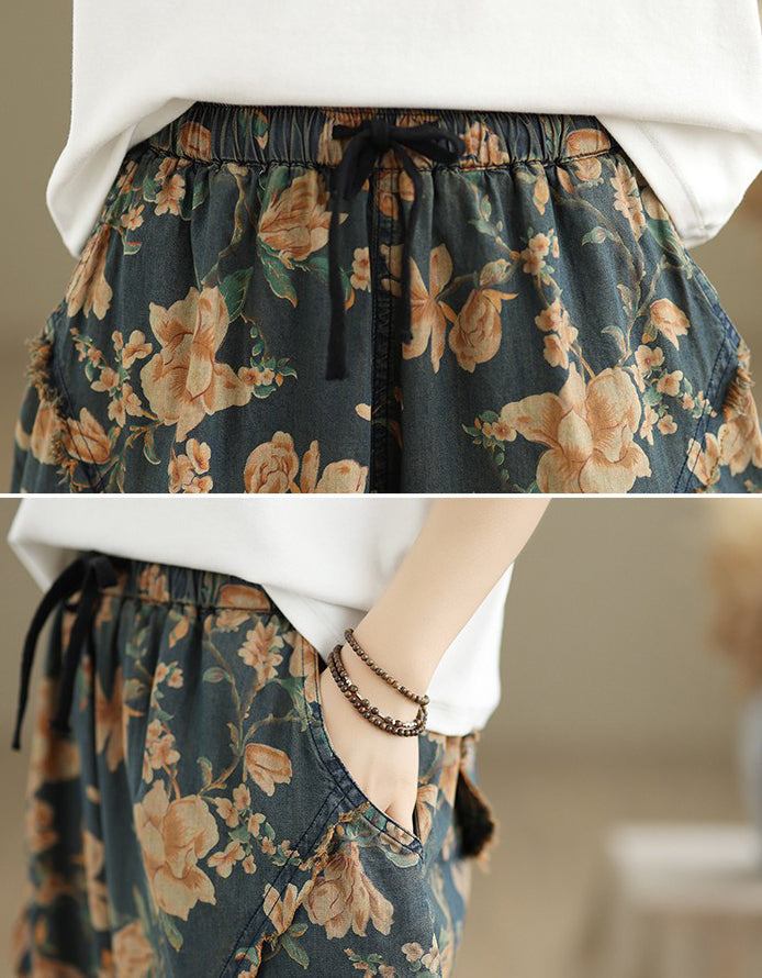 Comfortable Floral Patterned Denim Harem Pants