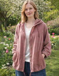 Women’s Striped Hooded Jacket with Gingham Pockets – Front View