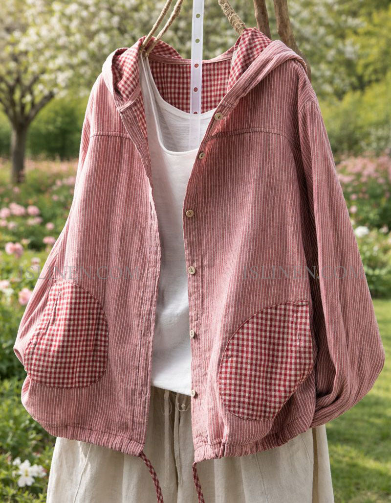 Women’s Striped Hooded Jacket with Gingham Pockets – Pink