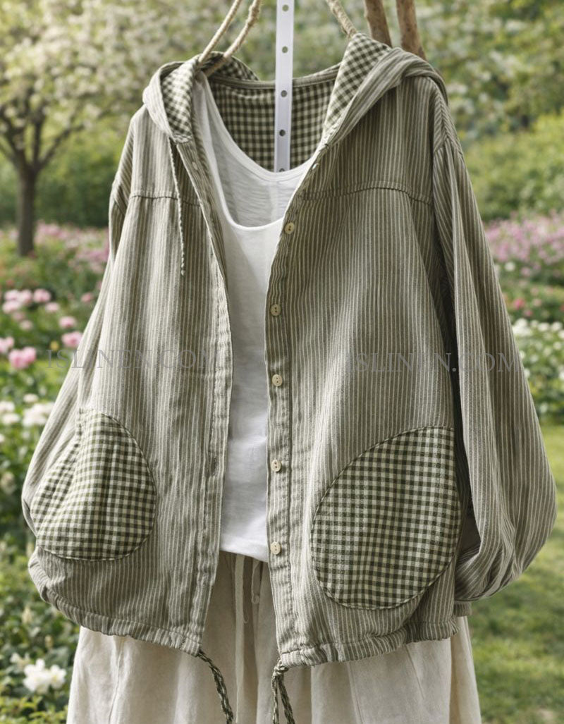 Women’s Striped Hooded Jacket with Gingham Pockets – Green