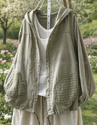 Women’s Striped Hooded Jacket with Gingham Pockets – Green