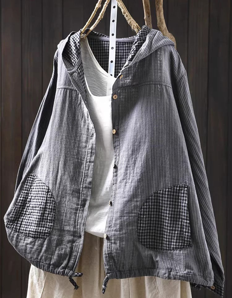 Women’s Striped Hooded Jacket with Gingham Pockets – Gray
