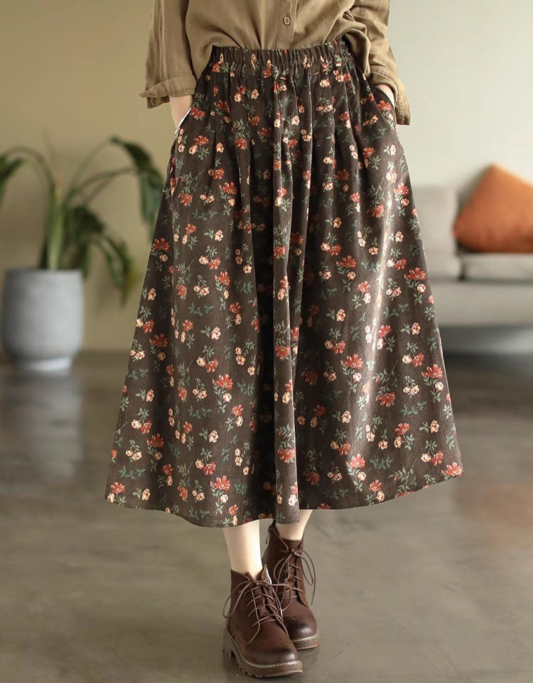 Comfortable High Waist Floral Corduroy Midi Skirt