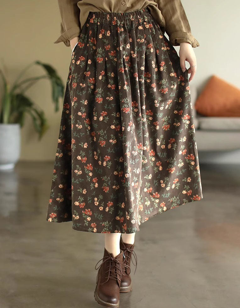 Comfortable High Waist Floral Corduroy Midi Skirt