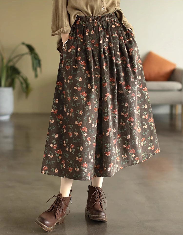 Comfortable High Waist Floral Corduroy Midi Skirt