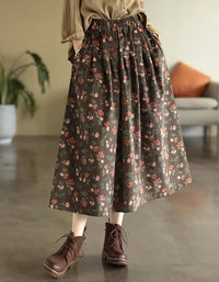 Comfortable High Waist Floral Corduroy Midi Skirt