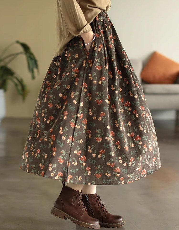 Comfortable High Waist Floral Corduroy Midi Skirt