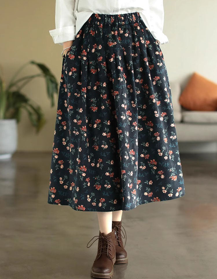 Comfortable High Waist Floral Corduroy Midi Skirt