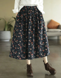 Comfortable High Waist Floral Corduroy Midi Skirt
