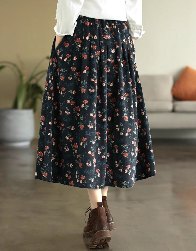 Comfortable High Waist Floral Corduroy Midi Skirt