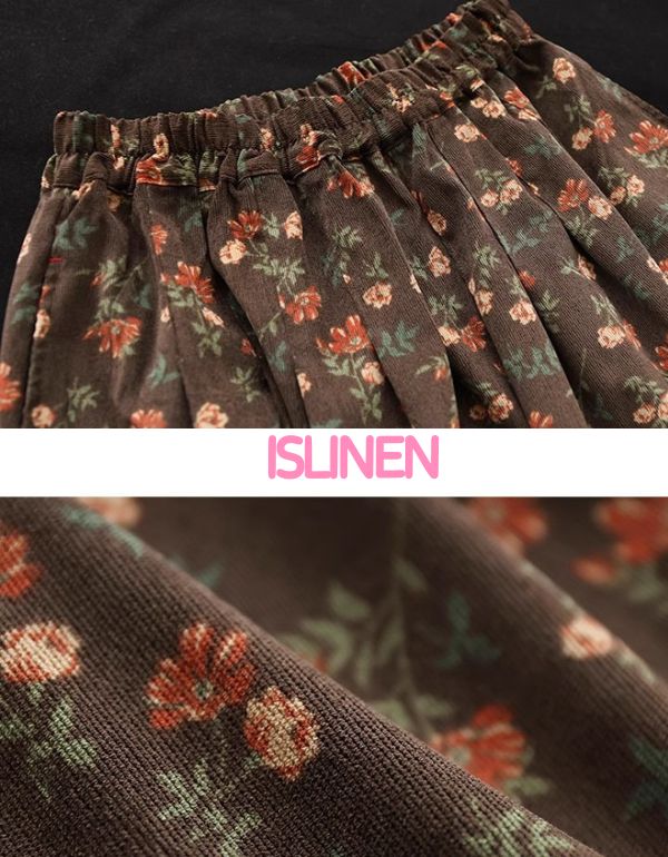 Comfortable High Waist Floral Corduroy Midi Skirt