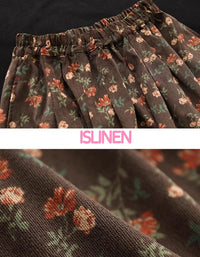 Comfortable High Waist Floral Corduroy Midi Skirt