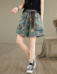 Comfortable High Waist Floral Denim Shorts