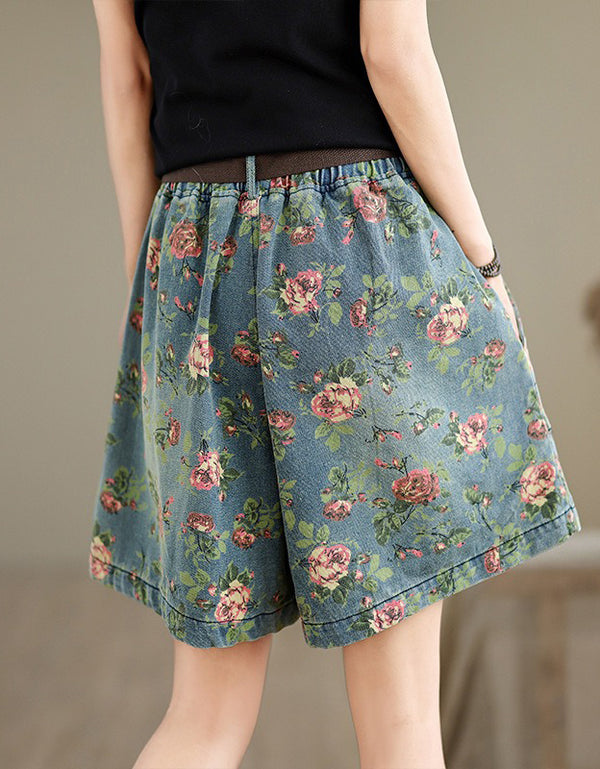 Comfortable High Waist Floral Denim Shorts