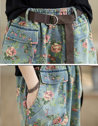Comfortable High Waist Floral Denim Shorts