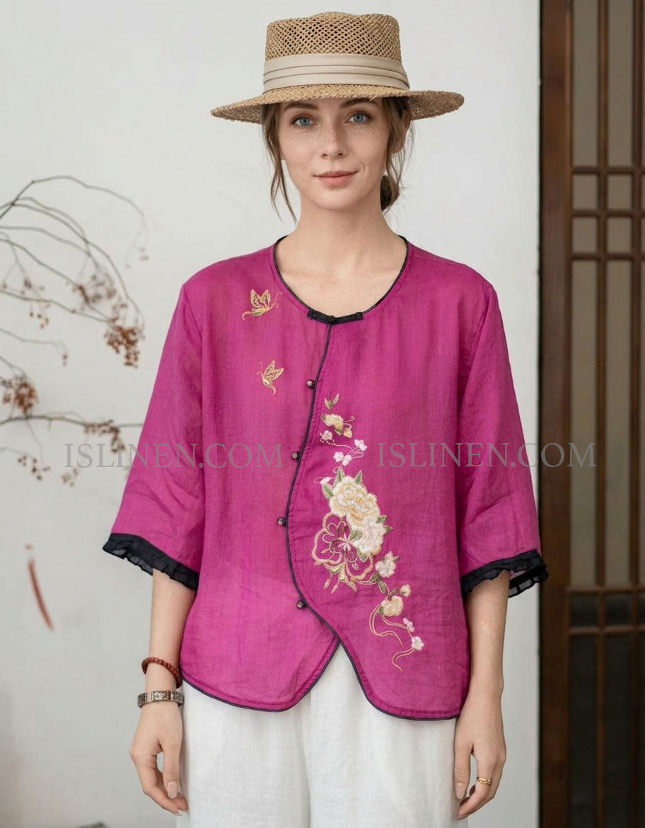 Women Vintage Embroidered Linen Blouse Loose Fit
