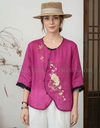 Women Vintage Embroidered Linen Blouse Loose Fit
