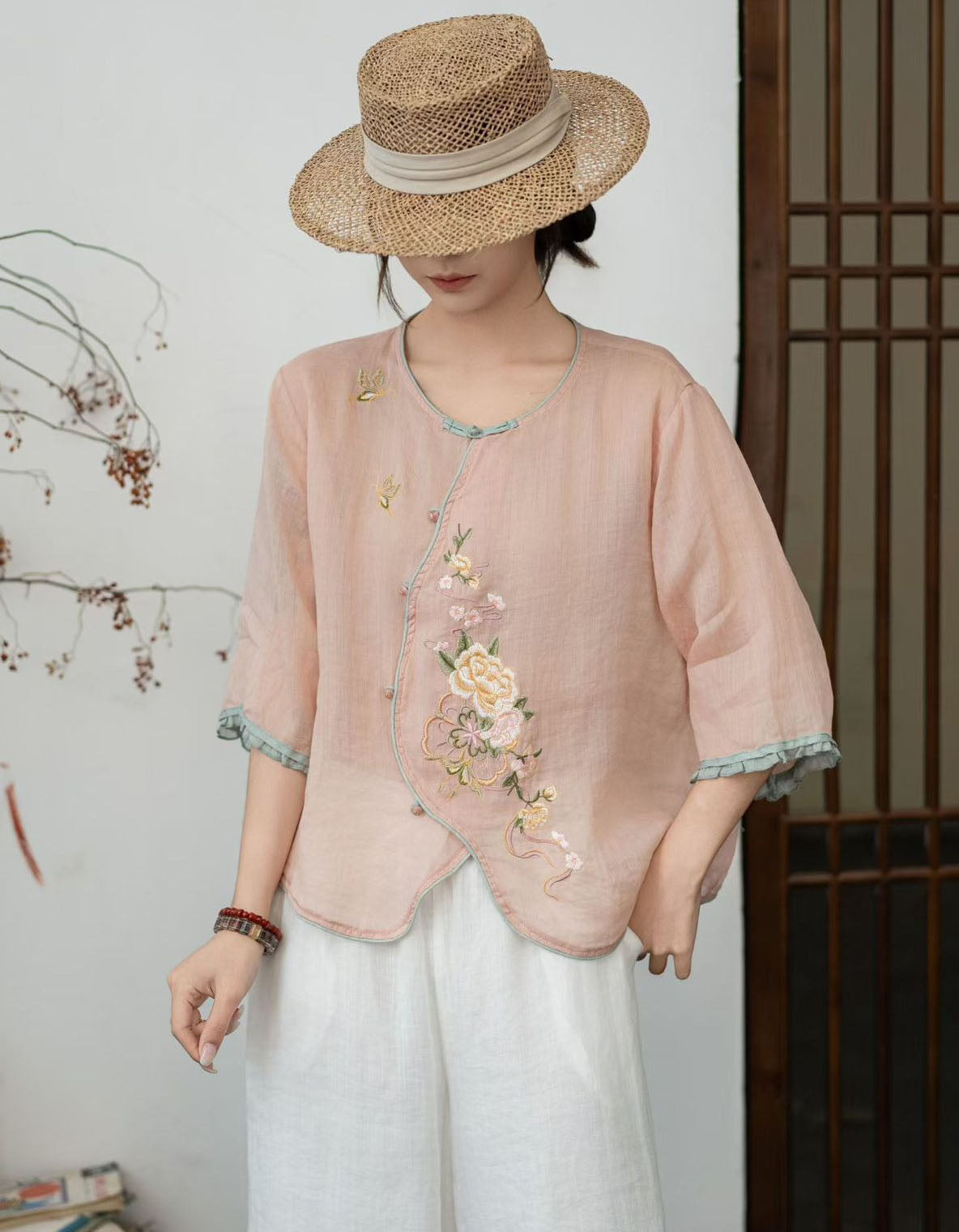 Women Casual Linen Blouse Embroidered Vintage Top