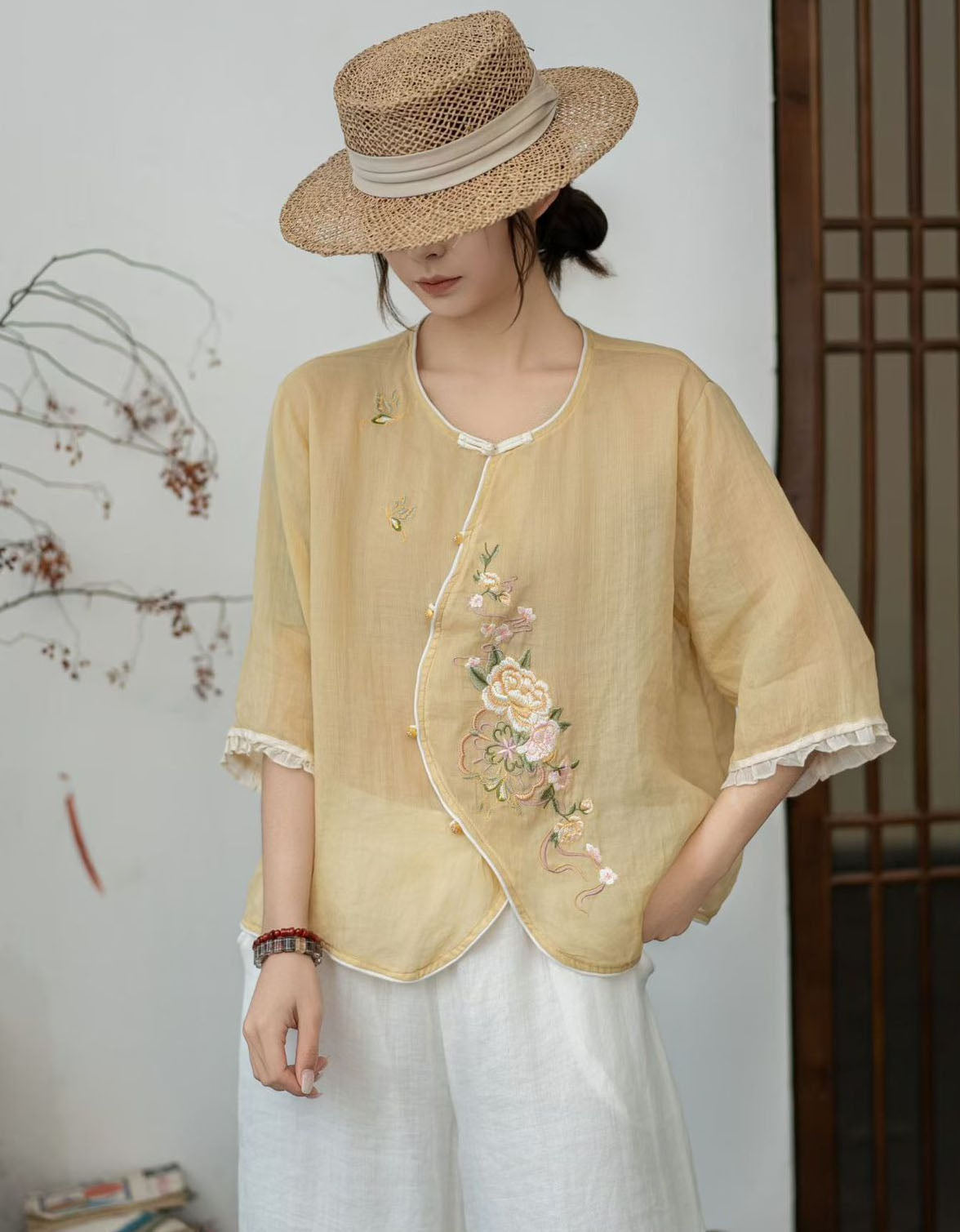 Vintage Floral Linen Blouse Women Loose Fit Top