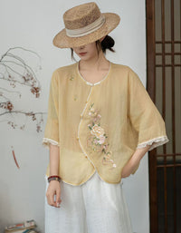 Vintage Floral Linen Blouse Women Loose Fit Top
