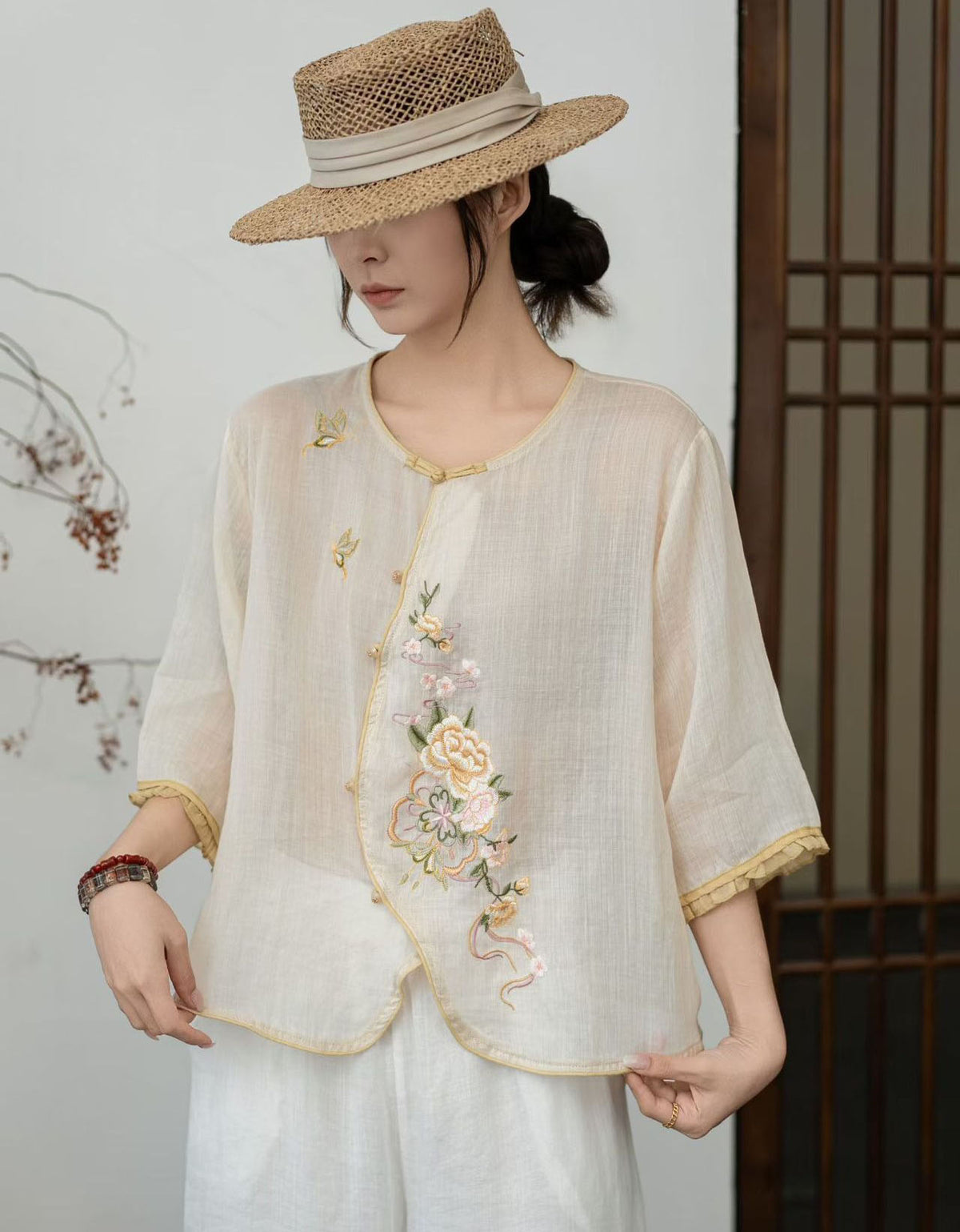 Floral Embroidered Linen Blouse Women Loose Top