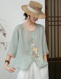 Women Loose Linen Blouse Embroidered Casual Top