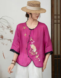 Floral embroidered linen blouse women vintage style