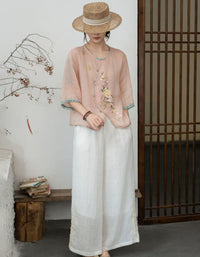 Women loose linen blouse half sleeve casual top