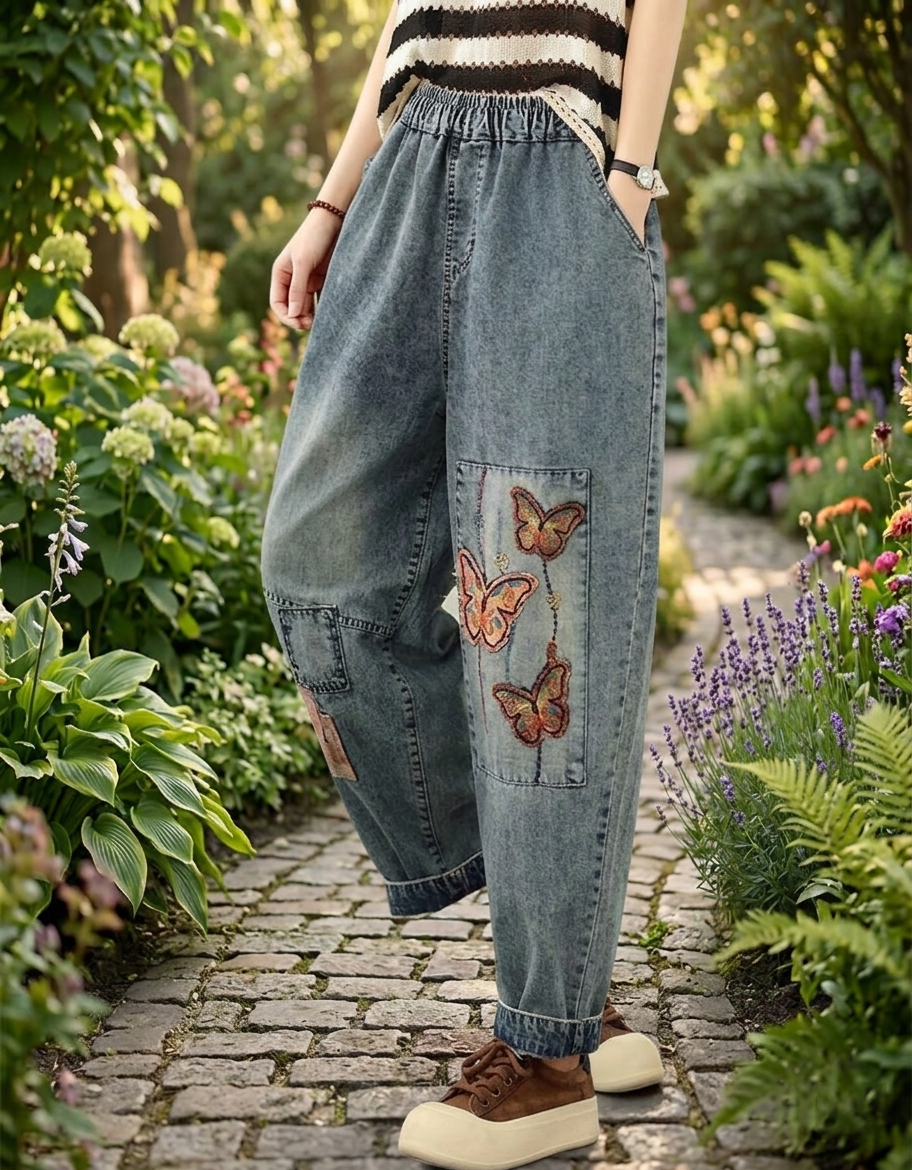 Artistic patchwork jeans women casual outfit outdoor