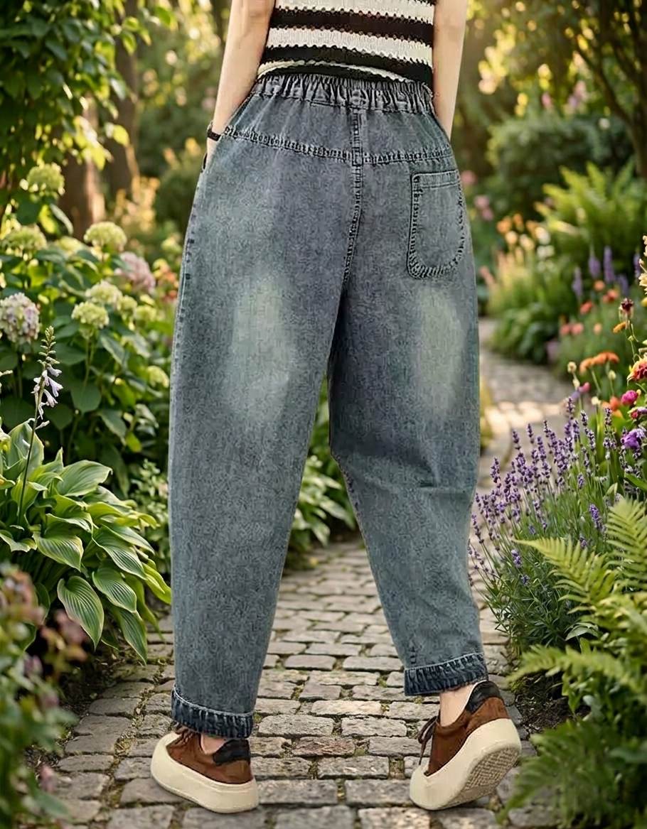 Relaxed fit denim pants with embroidery full body view
