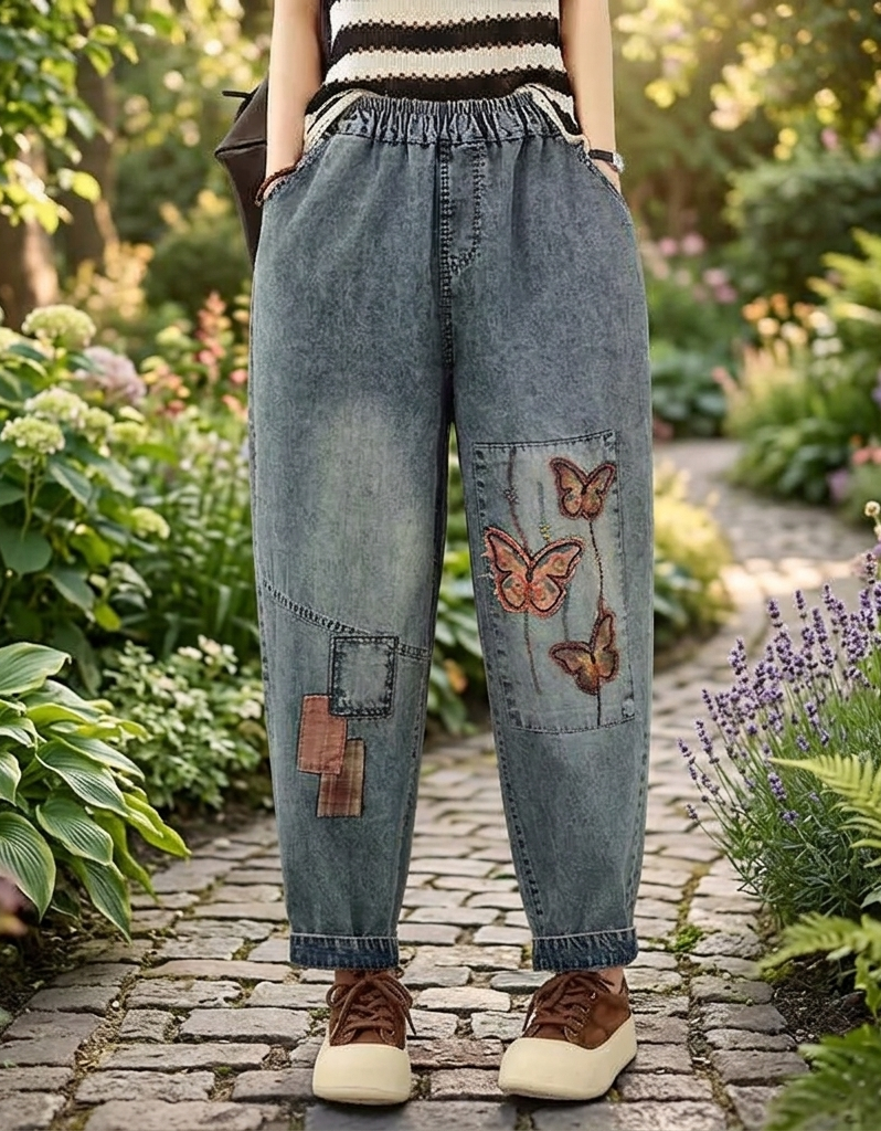Women wearing patchwork denim pants with butterfly embroidery