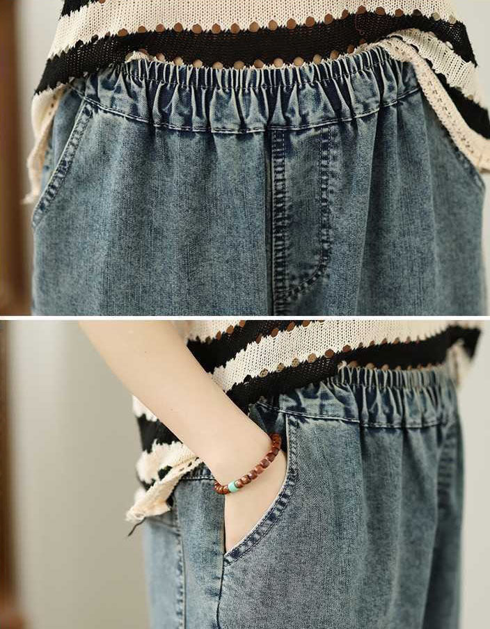 Relaxed fit denim pants with embroidery full body view