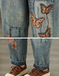Unique butterfly embroidered denim pants for women