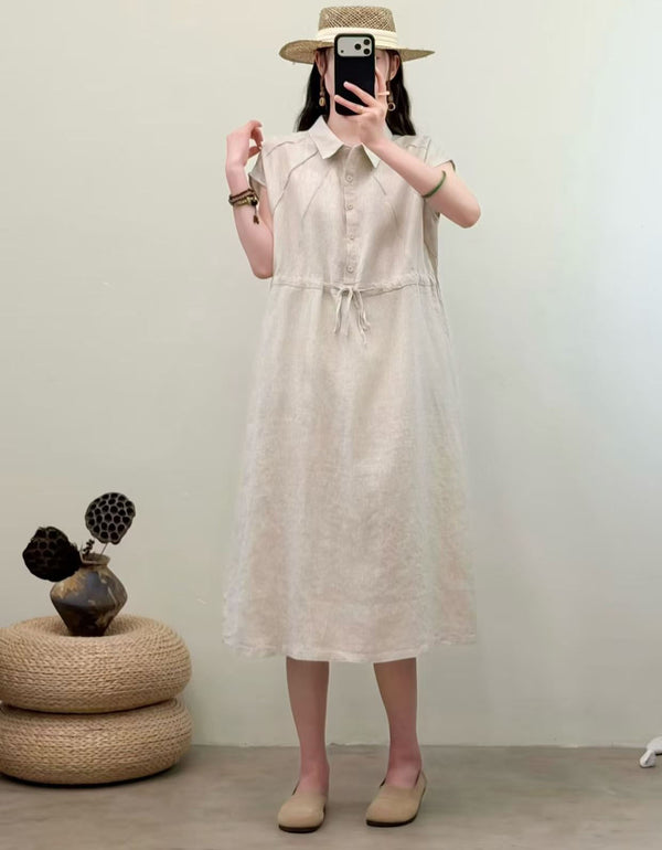 Minimalist cotton linen summer dress for women with relaxed silhouette and short sleeves