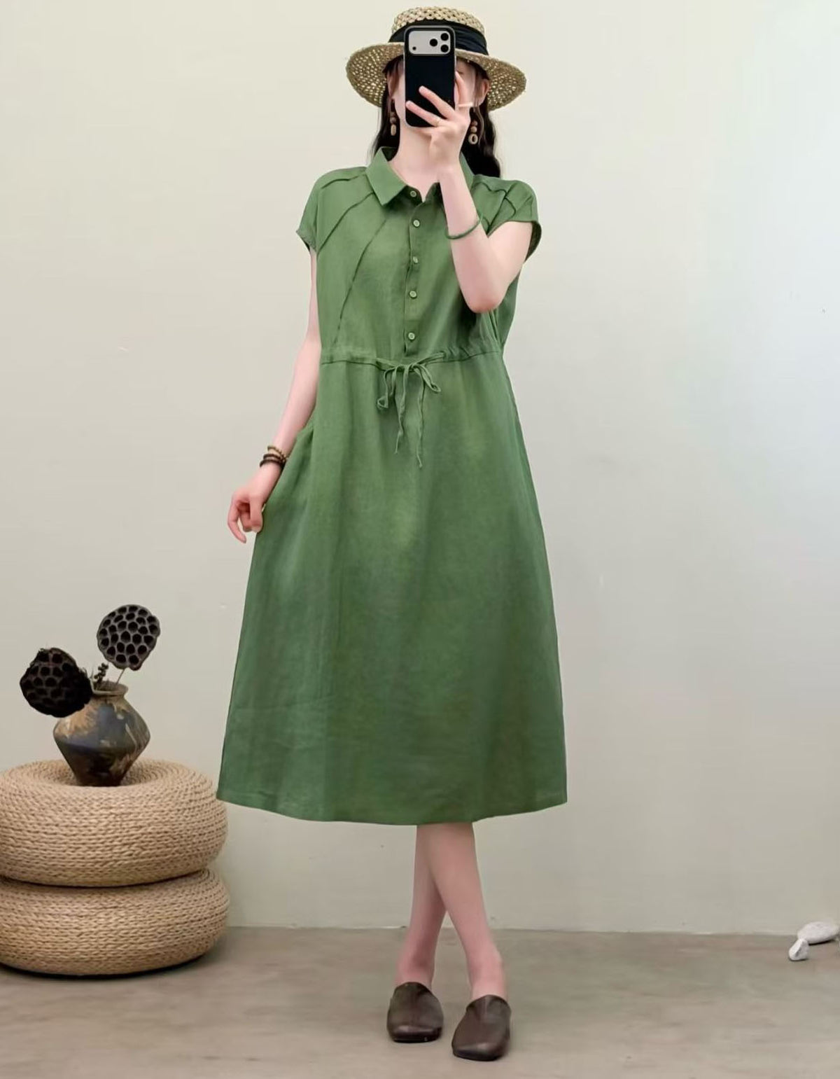 Elegant Japanese style linen midi dress with adjustable waist tie and soft fabric