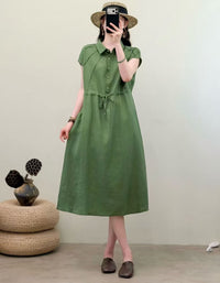 Elegant Japanese style linen midi dress with adjustable waist tie and soft fabric