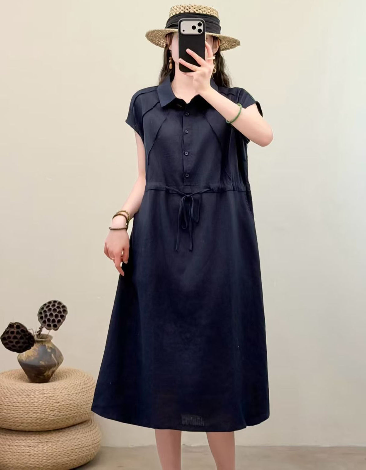Women’s Navy Linen Blend Midi Dress – Casual Loose Fit Button Front Summer Dress with Pockets