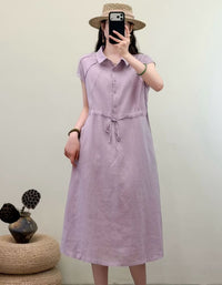 Minimalist Japanese Style Linen Midi Dress – Relaxed Fit Button Down Dress for Women with Soft Natural Fabric
